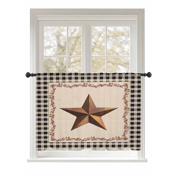 Sheer Curtains 45 Inch Length, Western Texas Star Retro Semi Sheer Curtains Light Filtering Window Treatment, Rustic Vintage Berry Black Beige Plaid Privacy Voile Drapes for Living Room 52x45 Inch