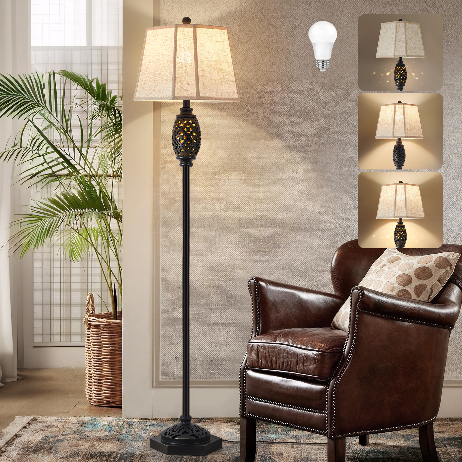 NATYSWAN Vintage Floor Lamp with Cutout Design & Glowing Light - Resin Elegant Standing Lamp for Living Room, Bedroom, Office (Includes Bulb)