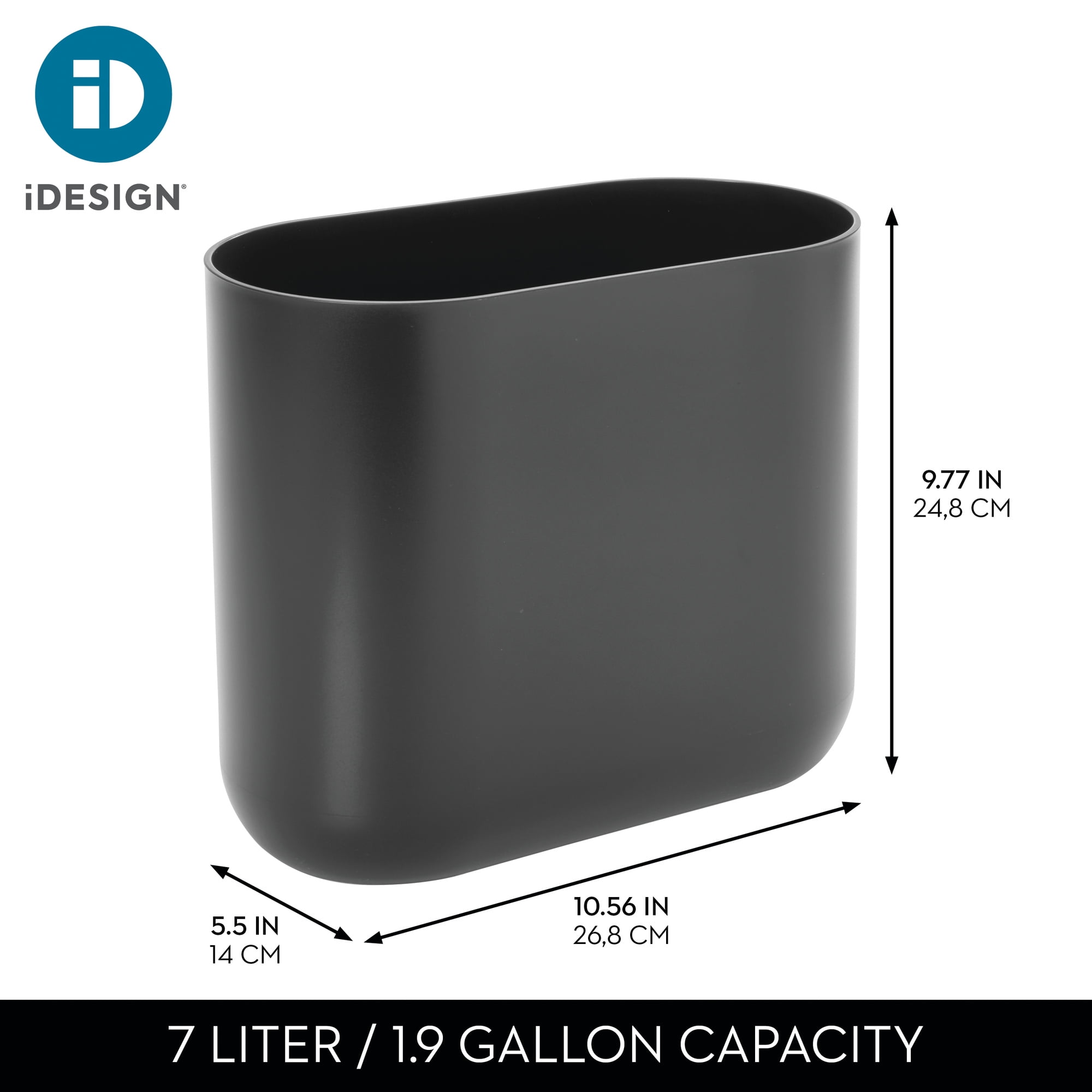 iDesign Small Slim Plastic Bathroom Trash Can, Garbage Can for Bedroom, Office, Desk, Dorm, Gray