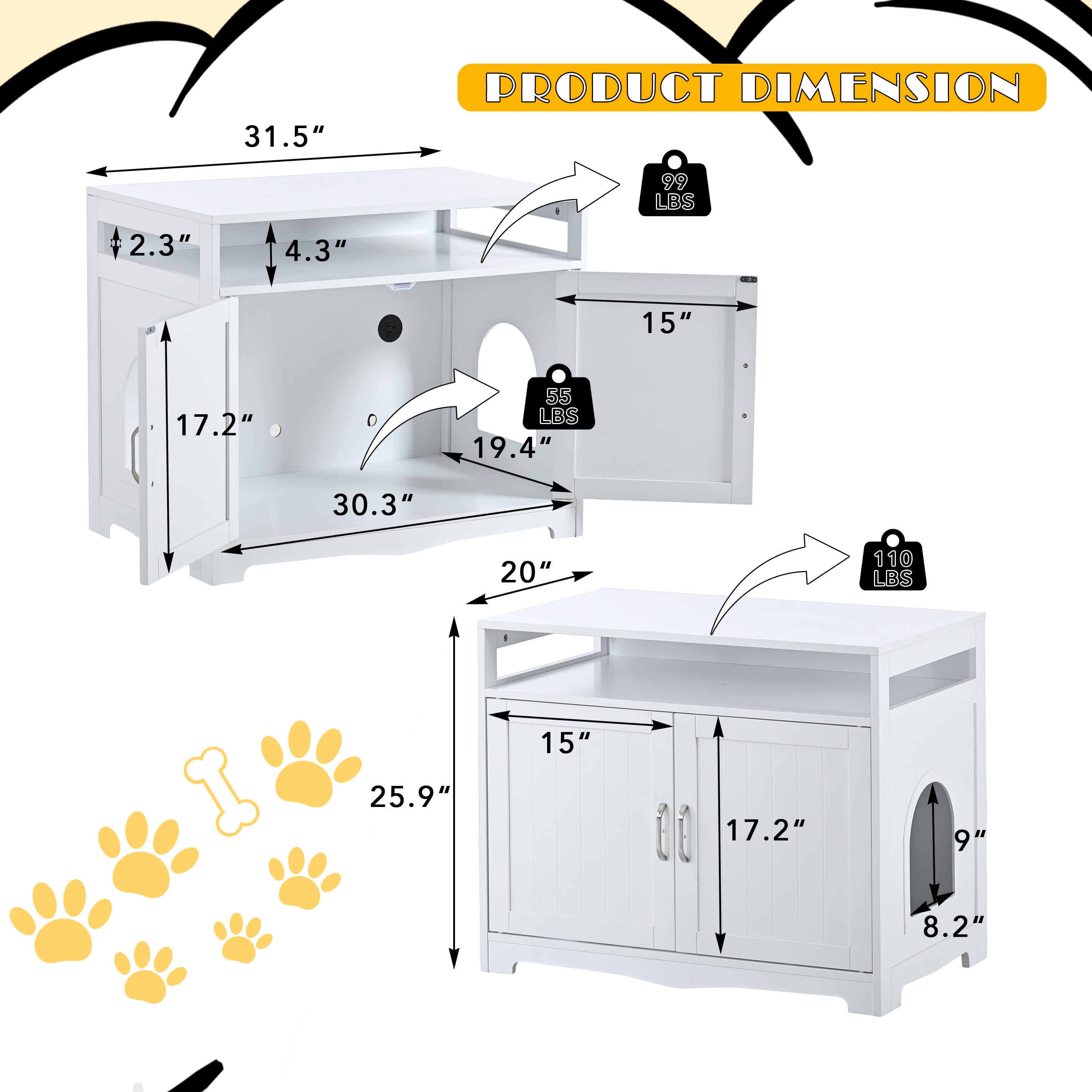Litter Box Enclosure Furniture with Hidden Plug & 2 Doors, Large Wooden Cat Washroom Storage Bench Side Table, Indoor Pet House, White