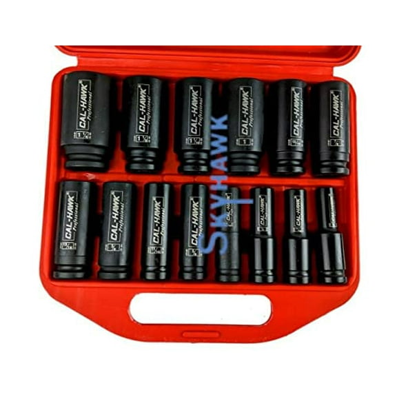 CAL-HAWK 14Pc 1/2" DR Chrome Molybdenum Steel Deep Impact Socket Set - SAE 6 Point w/Case