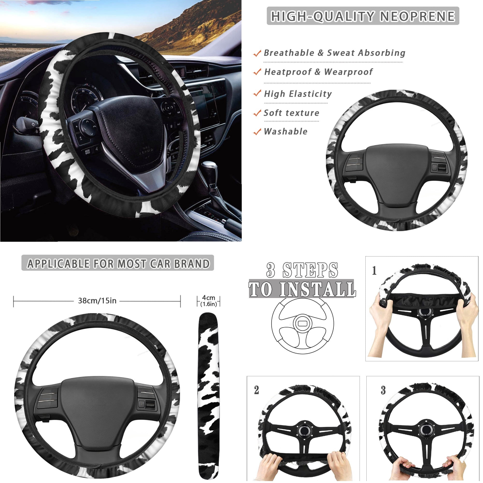 Renewold Black White Cow Print Car Seat Cover Full Set 14 PCS, with Steering Wheel Cover Seat Belt Pad Garbage Bin Armrest Pad Rearview Mirror Handbrake Cover Set Coaster Fit Most Vehicles