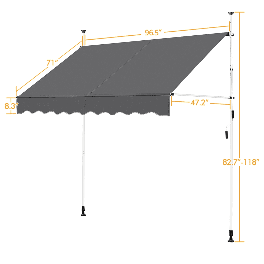 Renwick Manual 96.5″ L Retractable Awning with Adjustable Angle & Height For Patio, Dark Gray