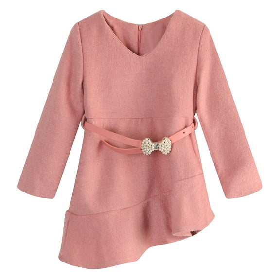 Richie House Girls' Girl Longleeve Dress With Slanted Hem And Waist Belt RH1743