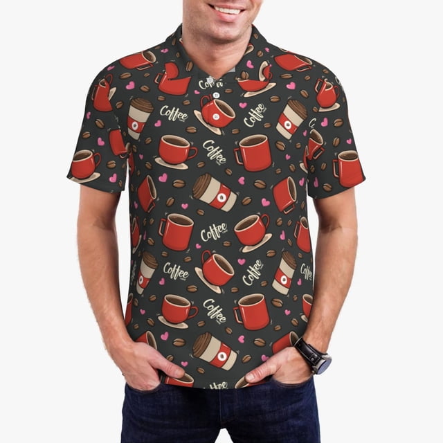Balery coffee mug cup Camisa Polo de Hombre con Estampado, de Manga Corta y Tejido Medio, Camisa Tipo Golf Polo-Large