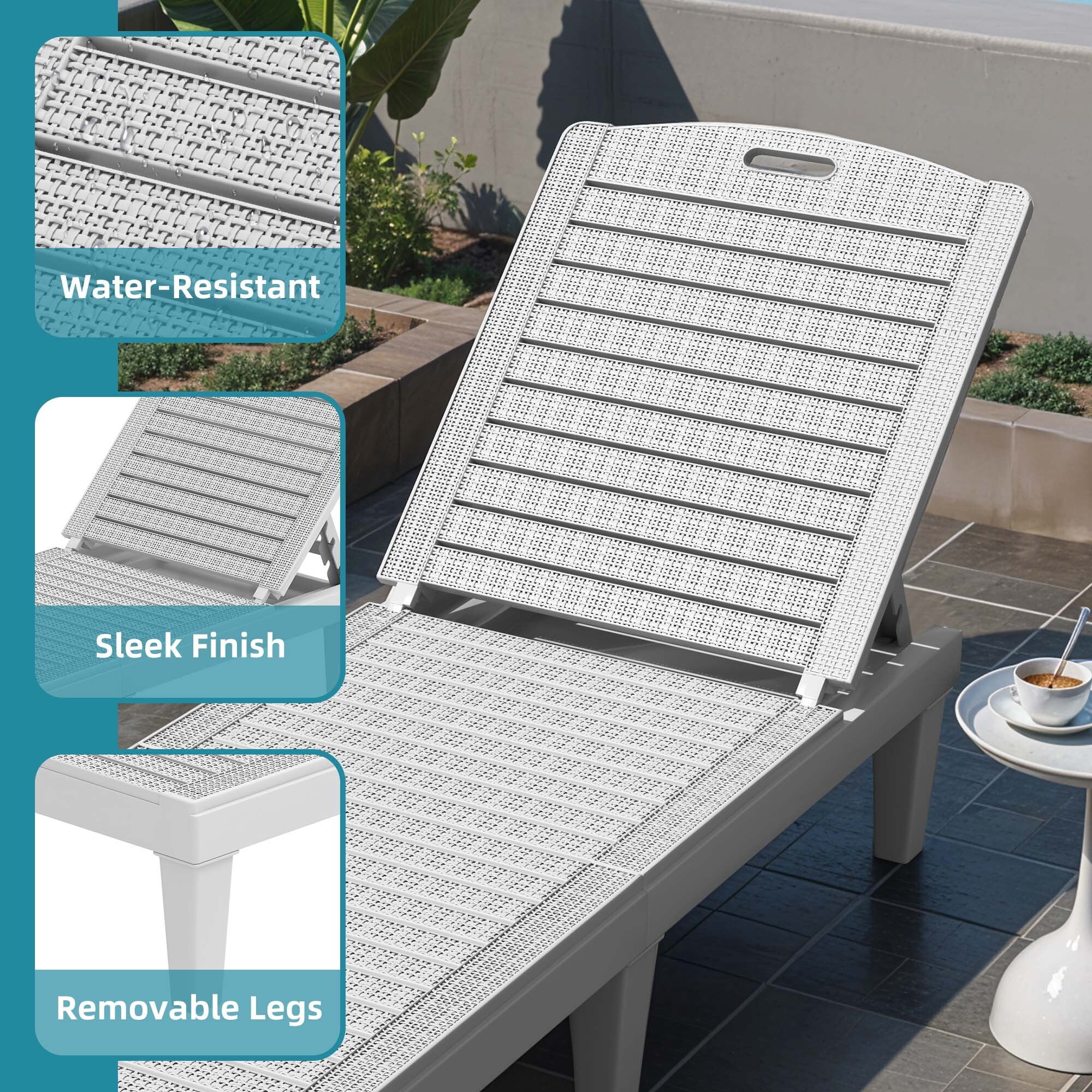 Uforic Outdoor Plastic Chaise Lounge Chair, 5-Position Adjustable Waterproof Poolside Recliner, Easy Assembly Patio Lounger for Garden Backyard, Grayish White, 1 Piece