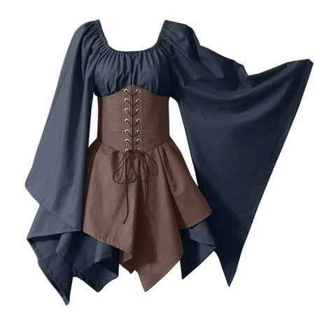 

Womens Maxi Dresses with Slits For Womens Trumpet Sleeve Irish Shirt Dress With Corset Traditional Dress Women Gothic Retro Long Sleeve Corset Dress