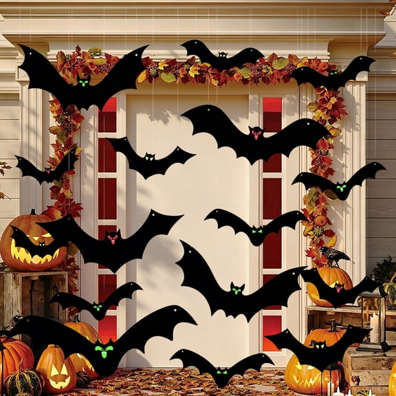KORALAKIRI Halloween Hanging Bats Decorations Outdoor, Waterproof Black Bat with Glowing Eyes for Front Door Yard Tree Halloween Hanging Decorations Outside