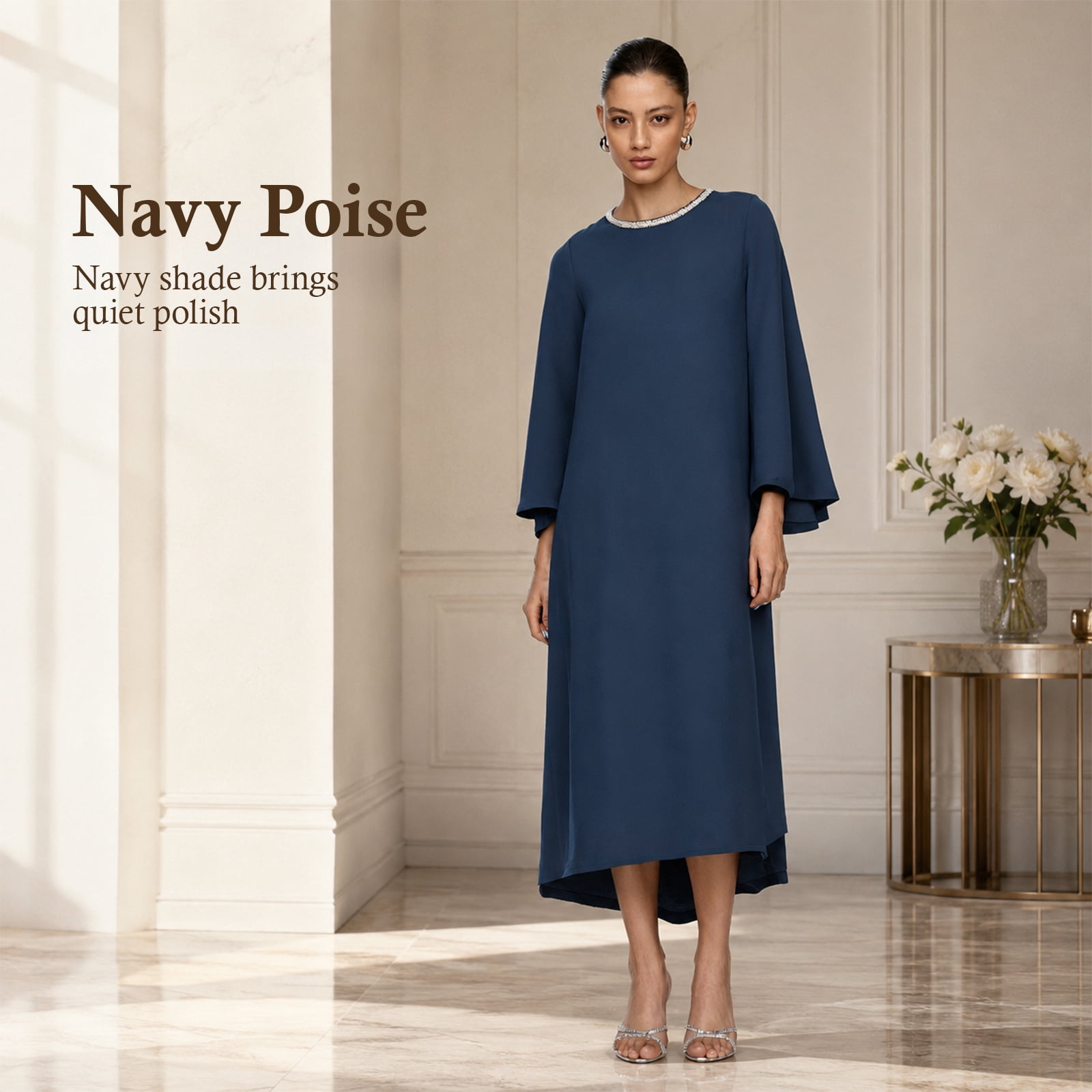 Alvantor Women's Cape Sleeve Midi Dress with Trimmed Neckline, Navy