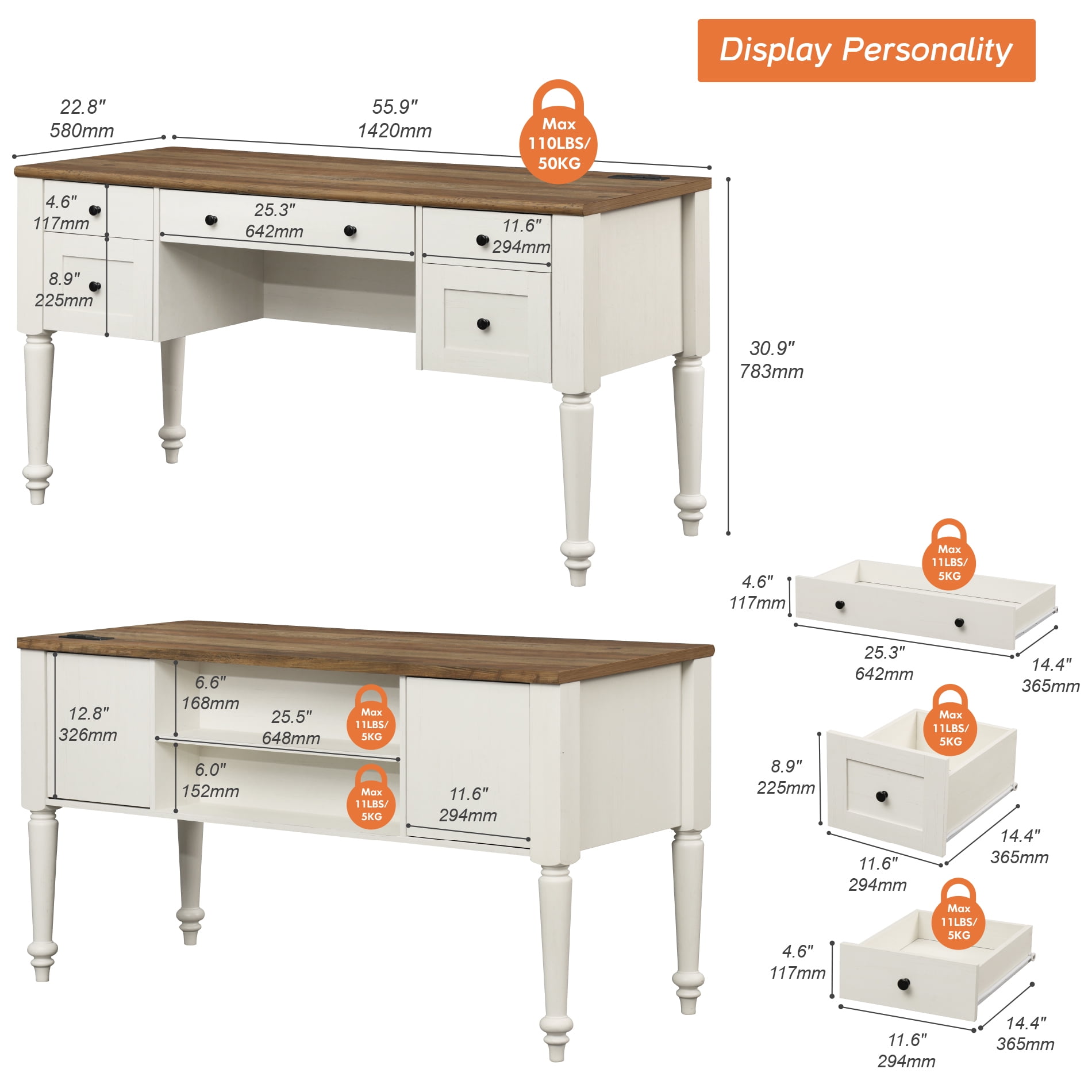 Farmhouse Executive Desk with Drawers, Charging Function, File Drawer, for Home Office, Work, Study Room, Oak