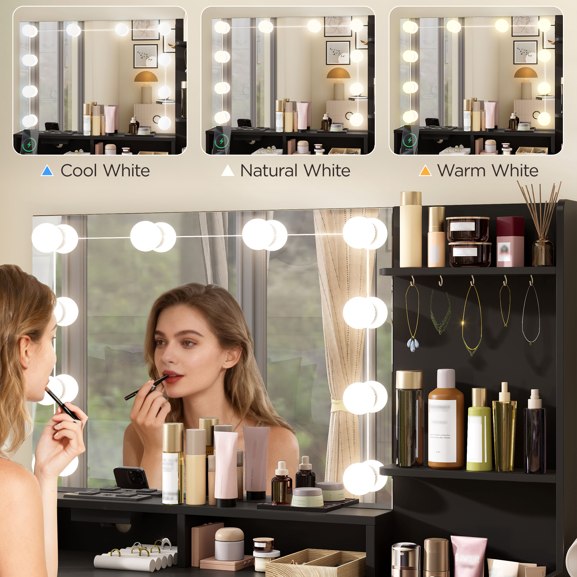 Black Vanity Set with Mirror and Lights, Modern Makeup Table with Charging Station