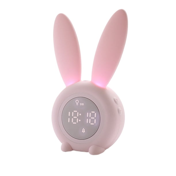 Reloj despertador digital for niños, con forma de conejo, luz nocturna, control táctil y función de repetición.