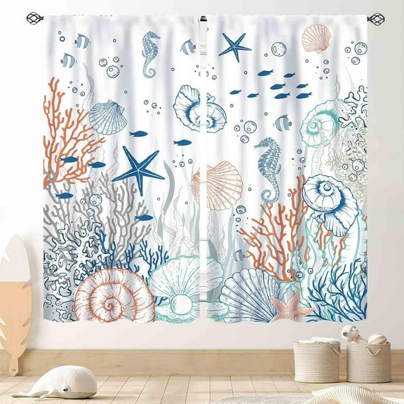 Coastal Curtains, Beach Theme Nautical Sea Turtle Starfish Seashell Seahorse Blackout Drapes for Bedroom Living Room Kids Room Bathroom Kitchen Window Treatments 2 Panel Sets, 84"x63" Inch