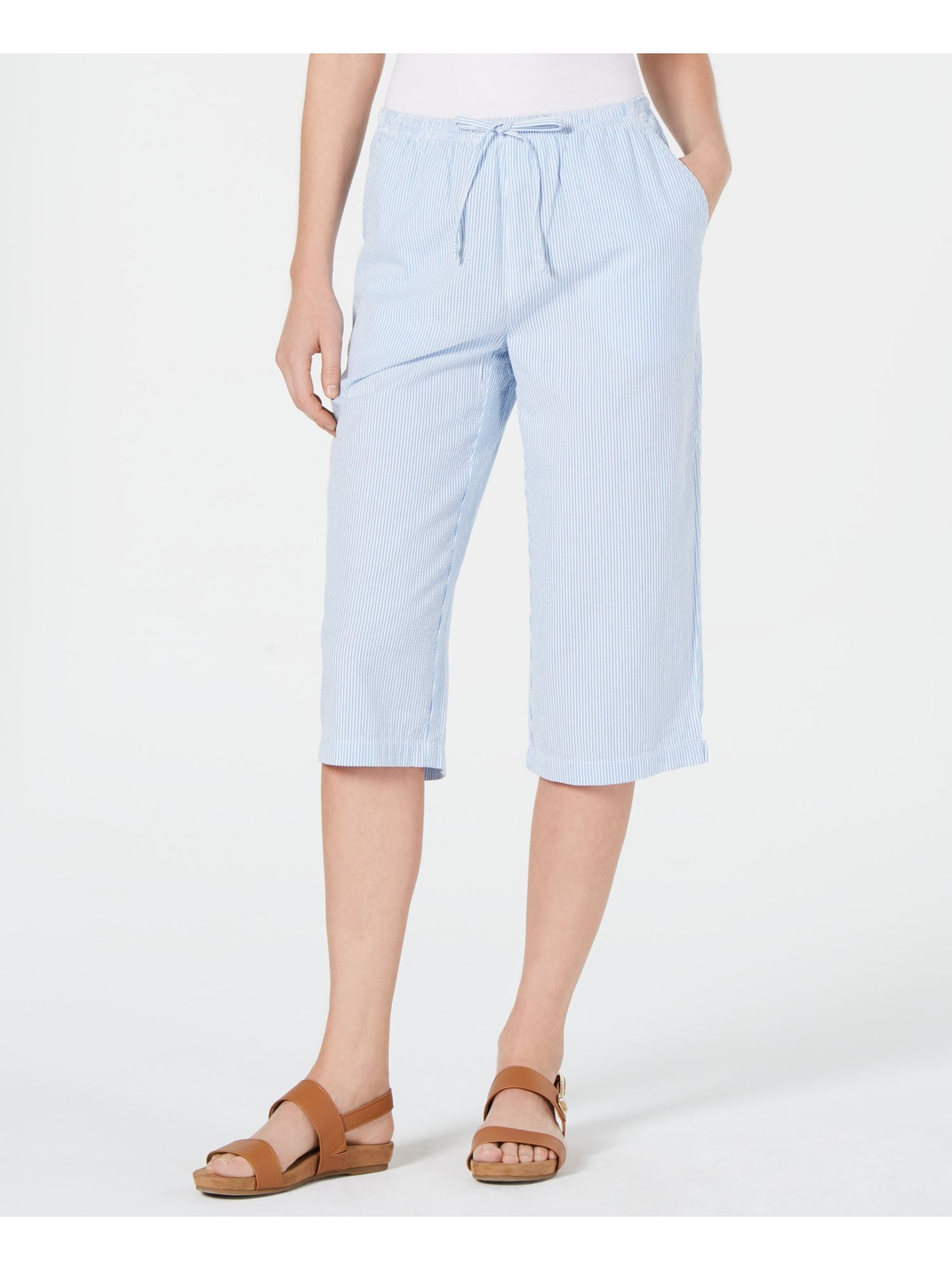 Karen Scott Women's Cotton Seersucker Capri Pants Blue Size Large