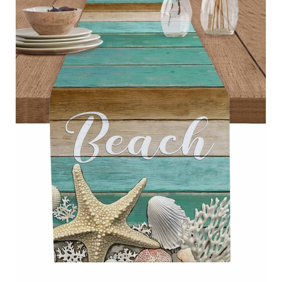 Beach Starfish Table Runners 72 Inches Long, Cotton Linen Fabric Table Runner Dresser Scarf, Coastal Coral Teal Brown Retro Wood Tablerunner for Party/Kitchen/Dinner/Wedding Decor 13''x72''