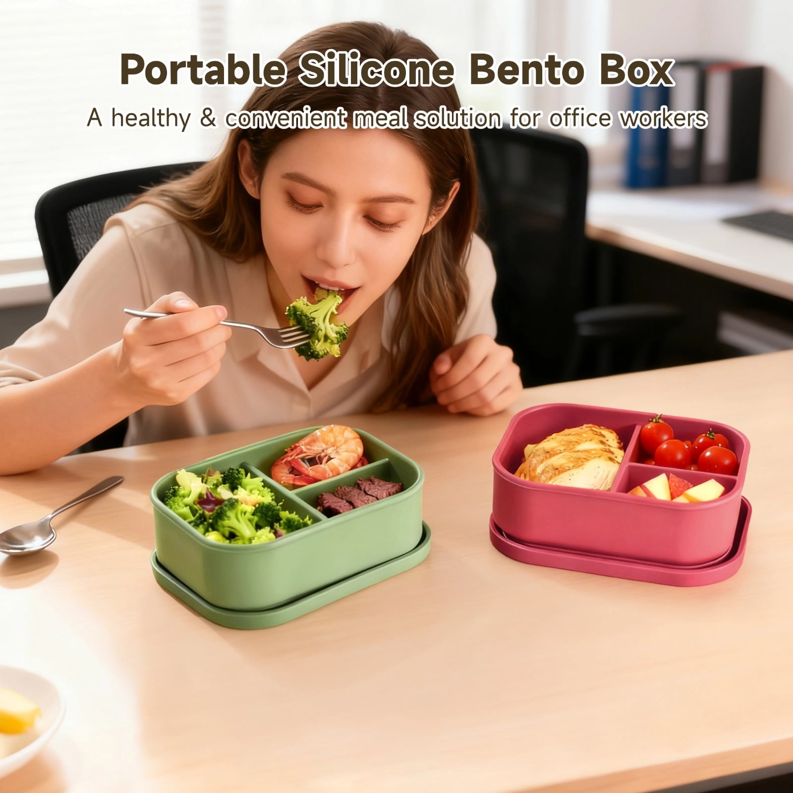 4 Pcs Silicone Bento Boxes, 3 Compartment Lunch Container, Leakproof, Microwave/Dishwasher/Freezer Safe, 7.2 x 5.3 x 2.4 in, Ideal for Office,and On-the-Go