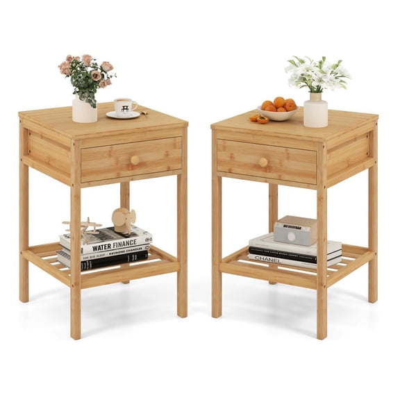 Resenkos Bamboo Nightstand, Set of 2 with Storage Drawer and Open Shelf