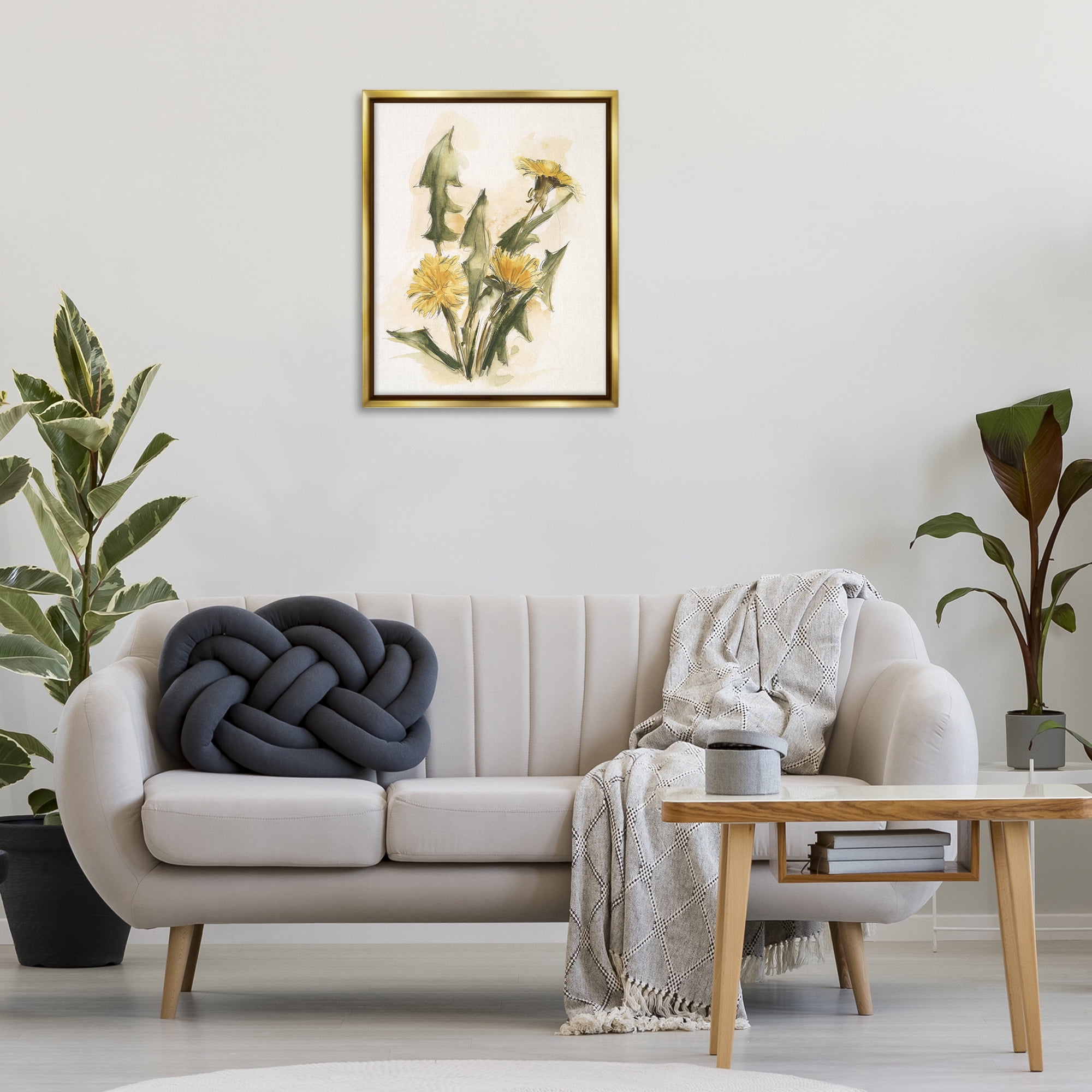 Stupell Industries Traditional Yellow Dandelion Botanical & Floral Painting Gold Floater Framed Art Print Wall Art, 25 x 31