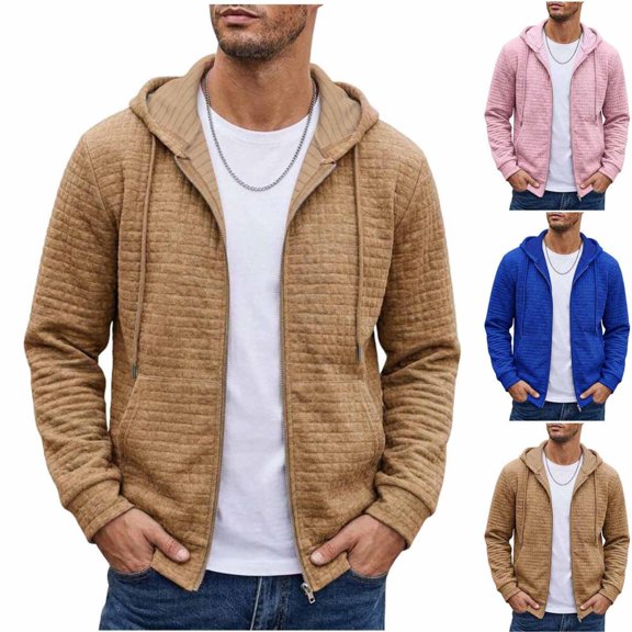 Bxsruta Mens Zip Up Hoodie Quilted Long Sleeve Casual Sweatshirt Jacket with Drawstring