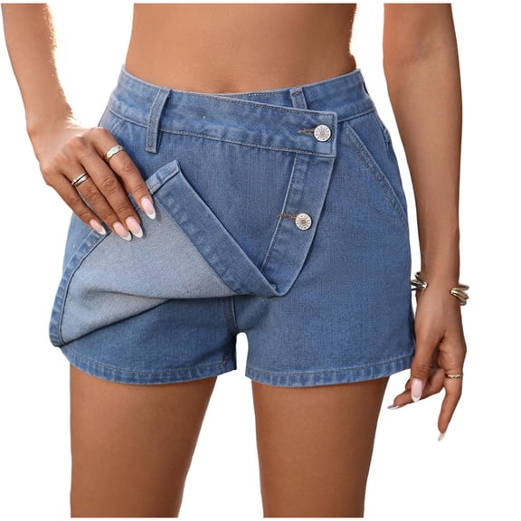 Kaemgyyd Denim Shorts Women Casual High Waisted Button up Asymmetrical Jean Skort Skirt Fashion Mini Shorts Streetwear