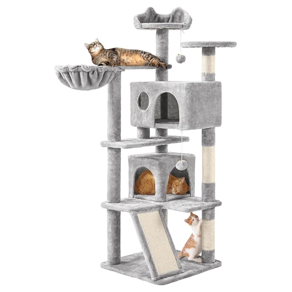 PINDEE Cat Tree, 57 inches Multi-Level Cat Tree Tower with Scratching Posts, Cat Condo and Basket Kitten Activity Center, Light Gray