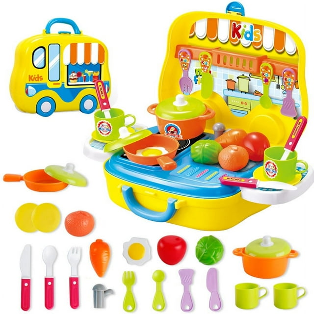 Multifunctional Kids Pretend Play Set with Kitchen Utensils, Vanity, Cash Register & Doctor Tools in Portable Travel Suitcase - Interactive Plastic Toy for Cognitive & Skill Development, Lightweight