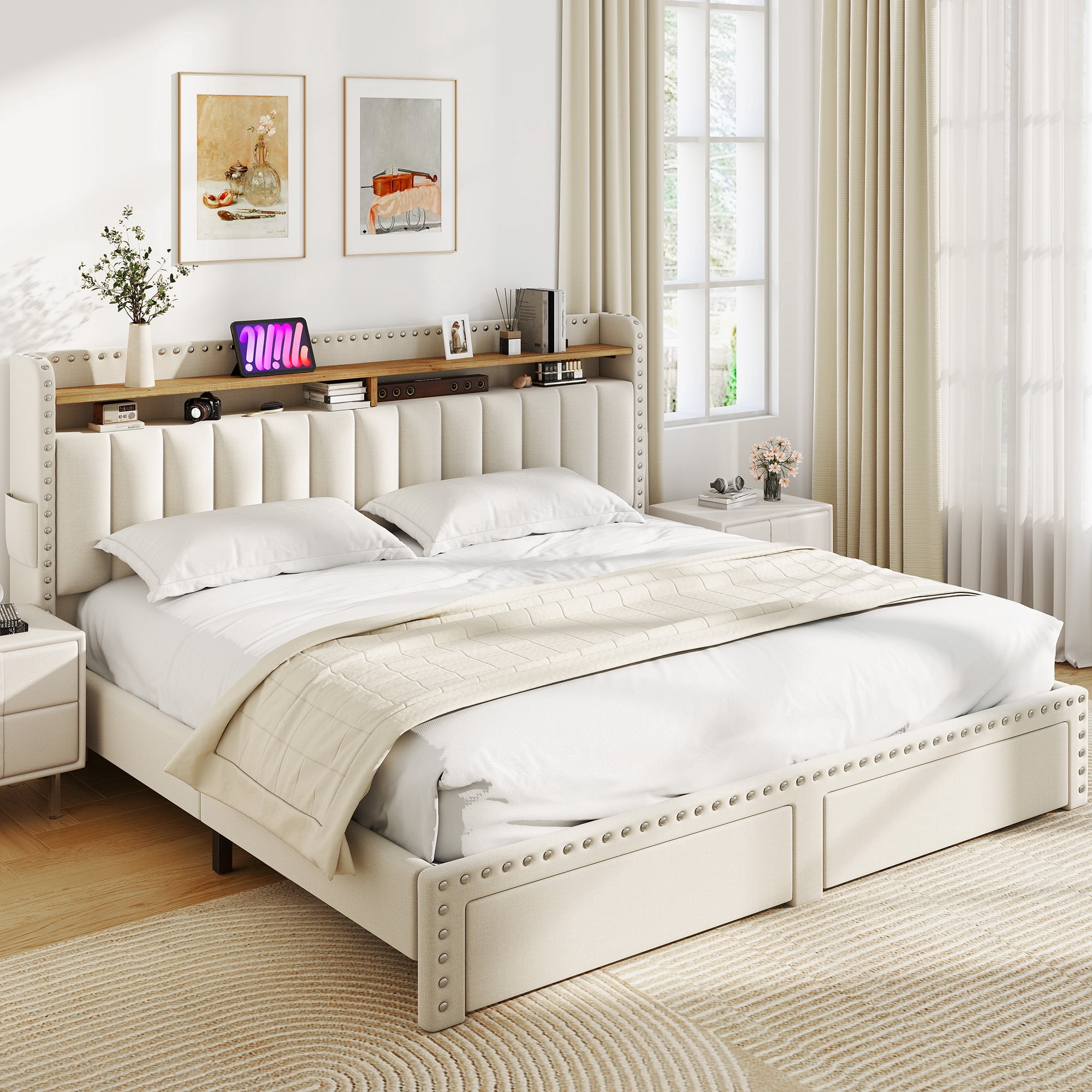 Romorgniz King Size Bed Frame with 2 Storage Drawers and 2-Tier Storage Shelf Upholstered Bed Frame with Headboard Platform Bed Frame Noise-Free No Box Spring Needed,Beige