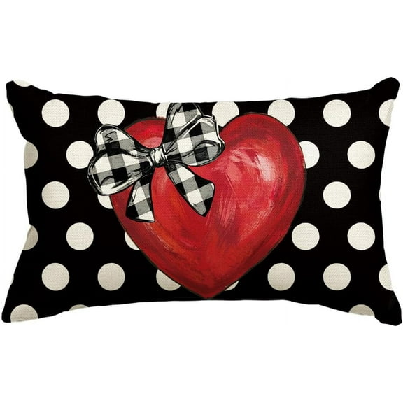 Valentine''s Day Heart Polkadot Throw Pillow Cover, 12 x 20 Inch Love Black Cushion Case Decoration for Sofa Couch