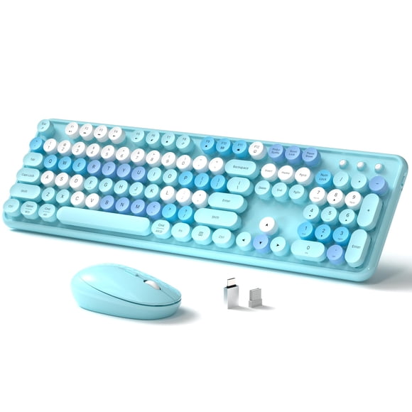 Teclado y ratón inalámbricos Links9+ de tamaño completo, retro, azul