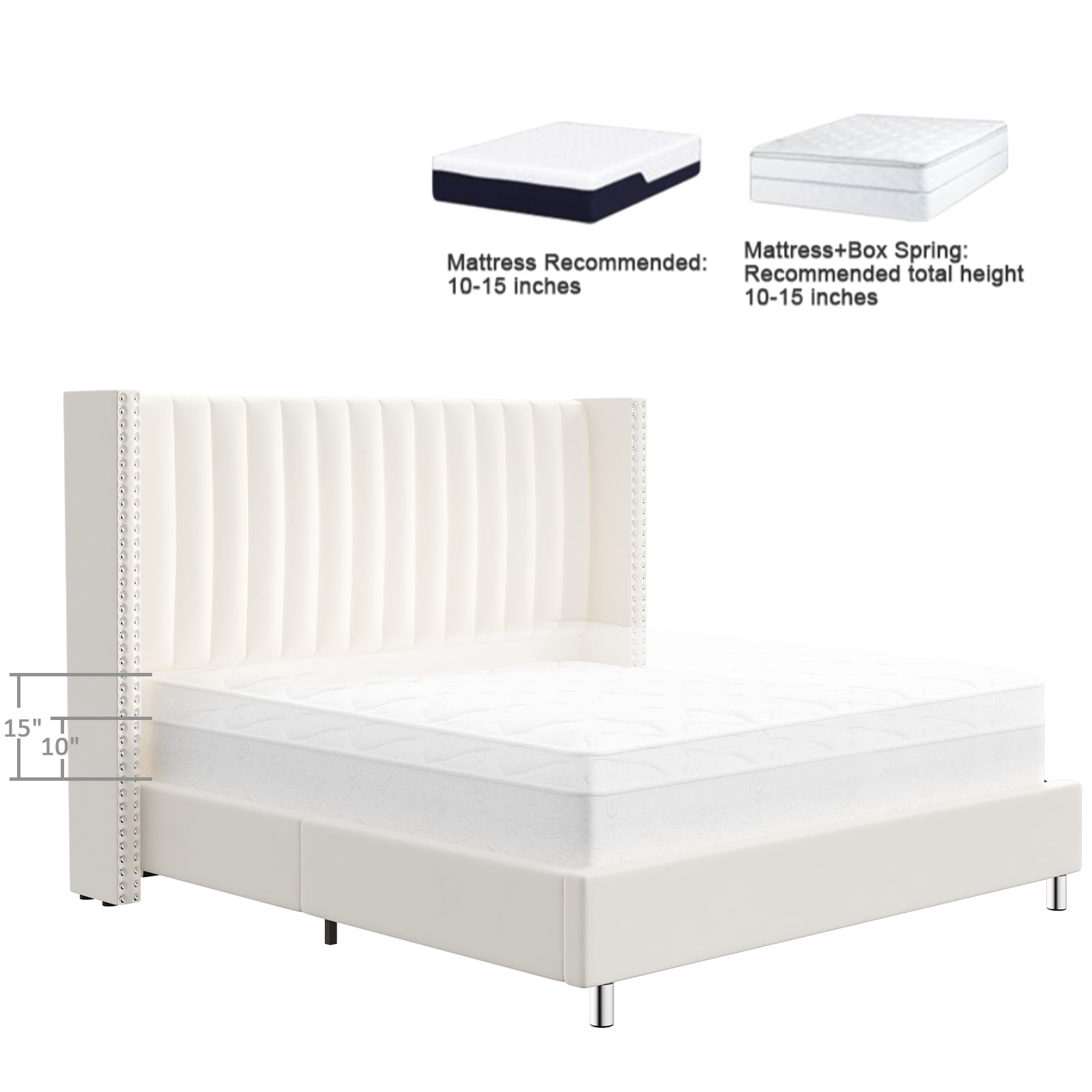 Merluxy Bed Frame Queen Size Upholstered Bed Wingback Headborad Velvet Channel Tufted/No Box Spring Needed/Cream