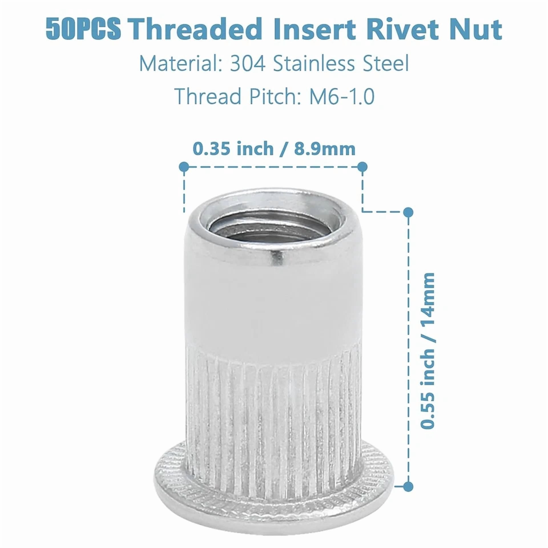 CIRCLE- 50Pcs M6 Stainless Steel Threaded Insert Rivet Nut M6-1.0Mm Rivnuts Flat Hea