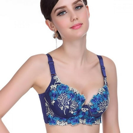 

Women Thin Section Embroidered Side Support Push Up Plunge Gather Underwired Adjustable Bras Blue 38C