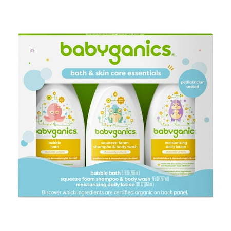 UPC: 0813277015925 | Babyganics 3 Pack Regimen Trial Bubble Bath Squeeze Foam Shampoo + Body Wash Moisturizing Daily Lotion in Chamomile Verbena Packaging May Vary