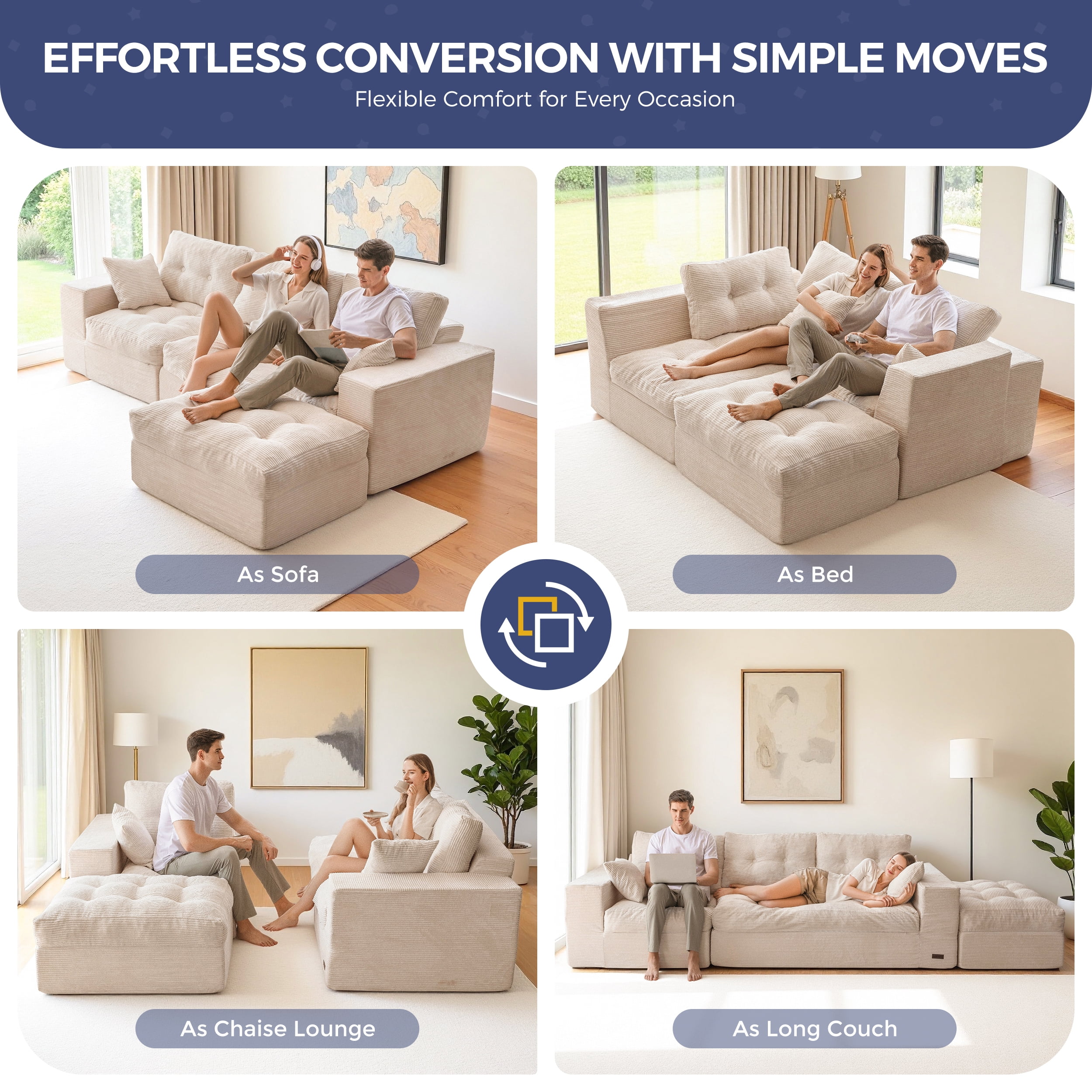 BYBYME Sofa Couch and Round Chaise Lounge,L Shaped Cloud-Plush Corduroy Boneless Floor Sofa Bed,Tufted Upholstered Sleeper Chair for Living Room,Beige