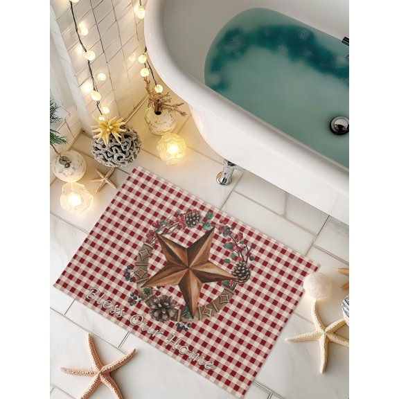 Doormat Western Barn Stars Berry Front Door Mat Non Slip Absorbent Low Profile Floor Mat Bless This Home Red Plaid Welcome Mats Entryway Rug for Entrance Kitchen Porch Home Decor 16"x24"