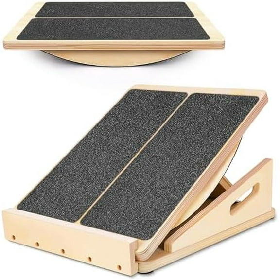 2-in-1 Professional Wooden Balance Board & Slant Board, Four Adjustable Incline Board and Calf Stretcher, Stretch Board for Knees Ankle Heel Feet Leg$$Sport & Recreation Other