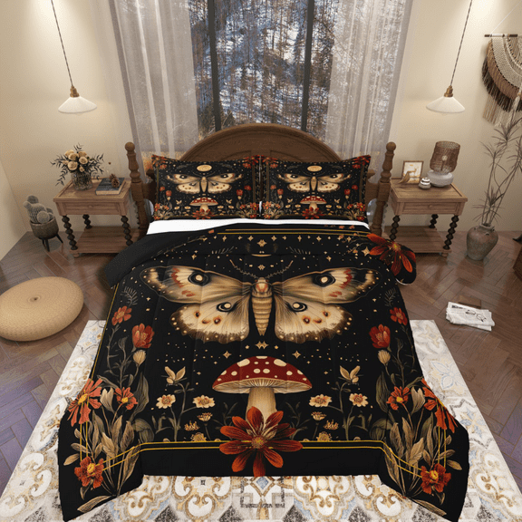 Manfei Animal Moth 2pcs Bedding Comforter Set,Floral Mushroom Twin Comforter Sets,Bohemian Theme Breathable Bedding Set,Lightweight Flower Room Decor,Reversible