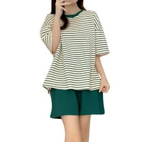 Viluyesy Printed Tops Elastic Waist Short Pants Sets Womens Round Neck T-Shirt and Shorts 2PC Relaxed Simplicity Cotton with Chest Cushion Shirt and Shorts Sets Two PC Green Size M