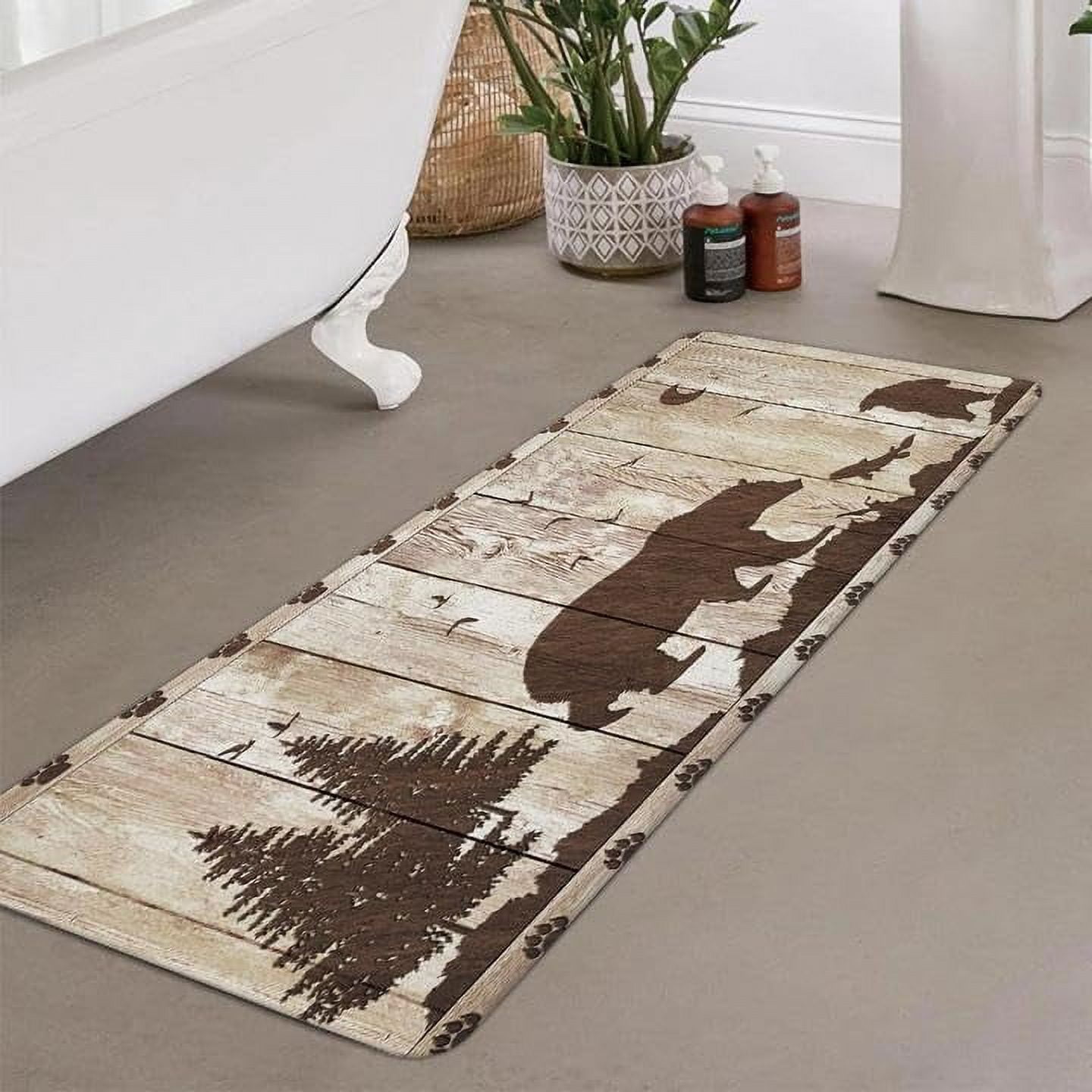 Rustic Cabin Lodge Bear Bathroom Rug, Forest Animal Vintage Wooden Country Farm Wildlife Bath Mat, Farmhouse Bathroom Mat for Kitchen Bathroom Floors…