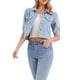 thumbnail image 4 of Chaqueta de mezclilla recortada para mujeres, con mangas abullonadas, botón, chaquetas de mezclilla vintage L azul claro, 4 of 6