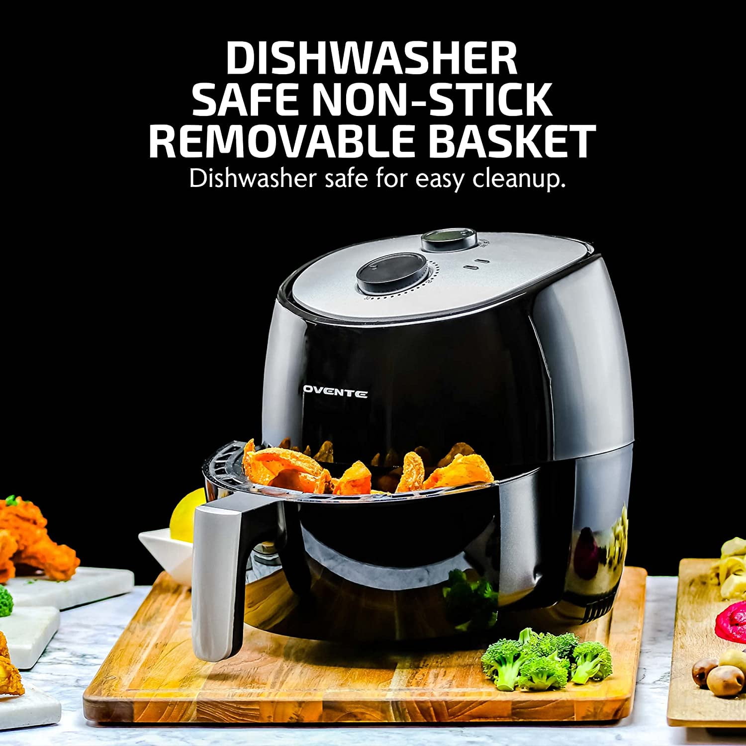 OVENTE Compact Air Fryer for Healthy and Oilless Cooking, 3.2 Qt Nonstick & Dishwasher Safe Basket, 1300W Electric Cooker w/ Adjustable Temperature Control, 30Min Timer & Auto Shutoff Black FAM11320B