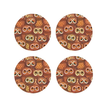 

Fuzoiu Brown Owl Print Leather Coasters Set Drink Coasters Set of 4 for Tabletop Protection Durable PVC Coasters Home Décor and Housewarming Gift-Round Shape
