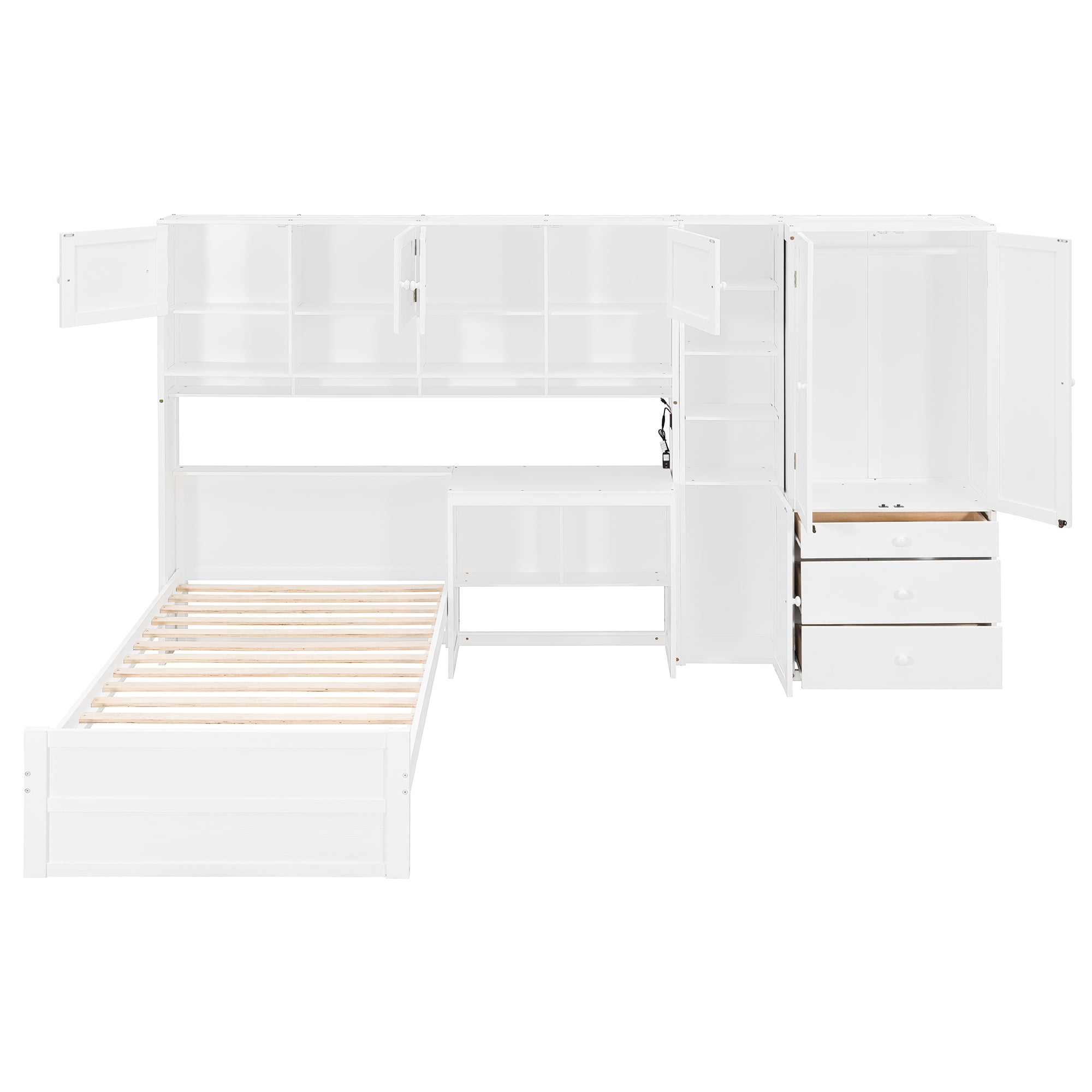 Mintazer Twin Platform Bed with Desk & Wardrobe, Wooden Bed with Cabinets & Shelves Storage and 3 Drawers for Bedroom Playroom Guest Room, White