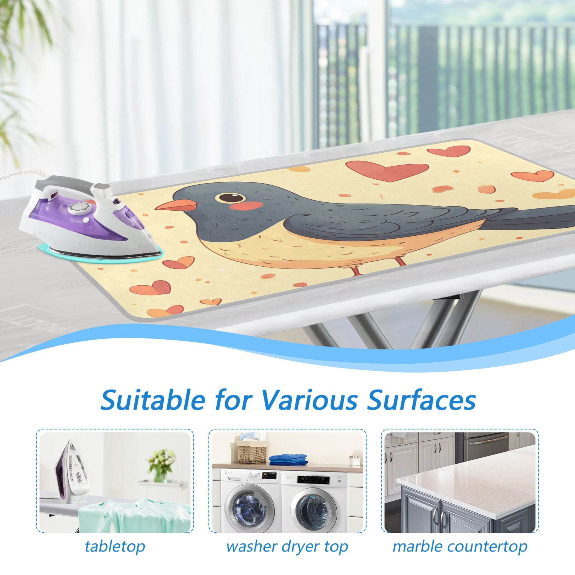 Cute Pigeon Cartoon Hearts Ironing Mat Blanket Portable Travel Ironing Pad Heat Resistant Pad 47.2" x 27.6”
