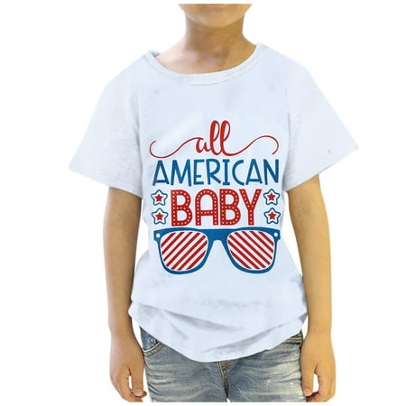 

ZMHEGW Kid Toddler Shirts 4 Of July 3D Graphic Printed Short Sleeve Crew Neck Fashion Top Independence Day Print White 120
