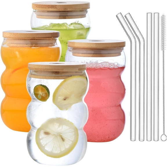 4 Pack 550ML Iced Coffee Glasses, Bubble Drinking Glasses Tumblers with Lid - Glass Cups Mini Cute Ripple Shaped Vintage Ribbed Glassware- Cocktail, Water, Soda, Juice, Milk