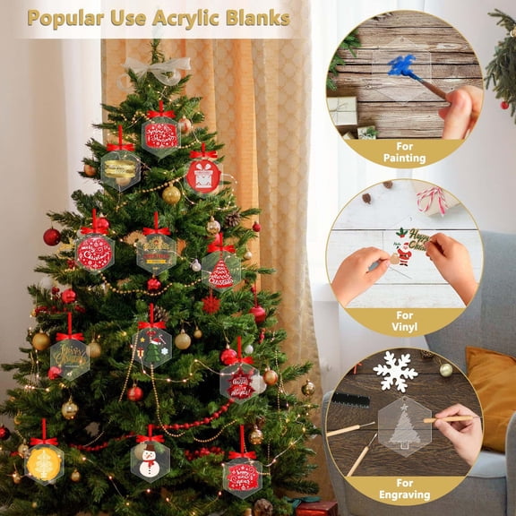 30PCS Christmas DIY Acrylic Ornament Set, Transparent Hanging Blanks and Ribbon Rolls for Tree Gift Tags Holiday Party Decoration
