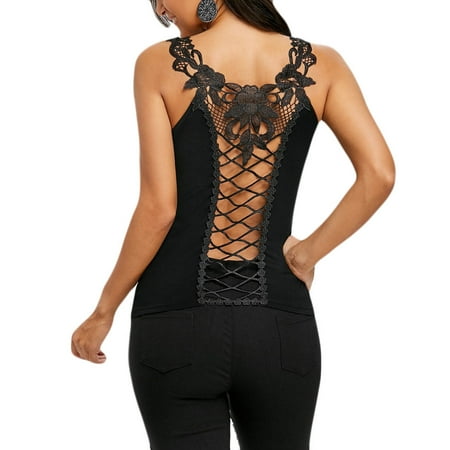 

Cathalem Fashion Tops Women Straps Women T-Shirt Out Back Shoulder Hollow Lace Blouse Tops Vest O-Neck Women s 34b Shelf Bra Vest Black Small