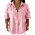 thumbnail image 5 of VBVC Women's Cotton-Linen Half-Zip Collared Shirt,Ladies Short Sleeve Pocketed Casual Blouse,Loose Fit Lightweight Summer Top for Women,Pink,S-2XL, 5 of 8