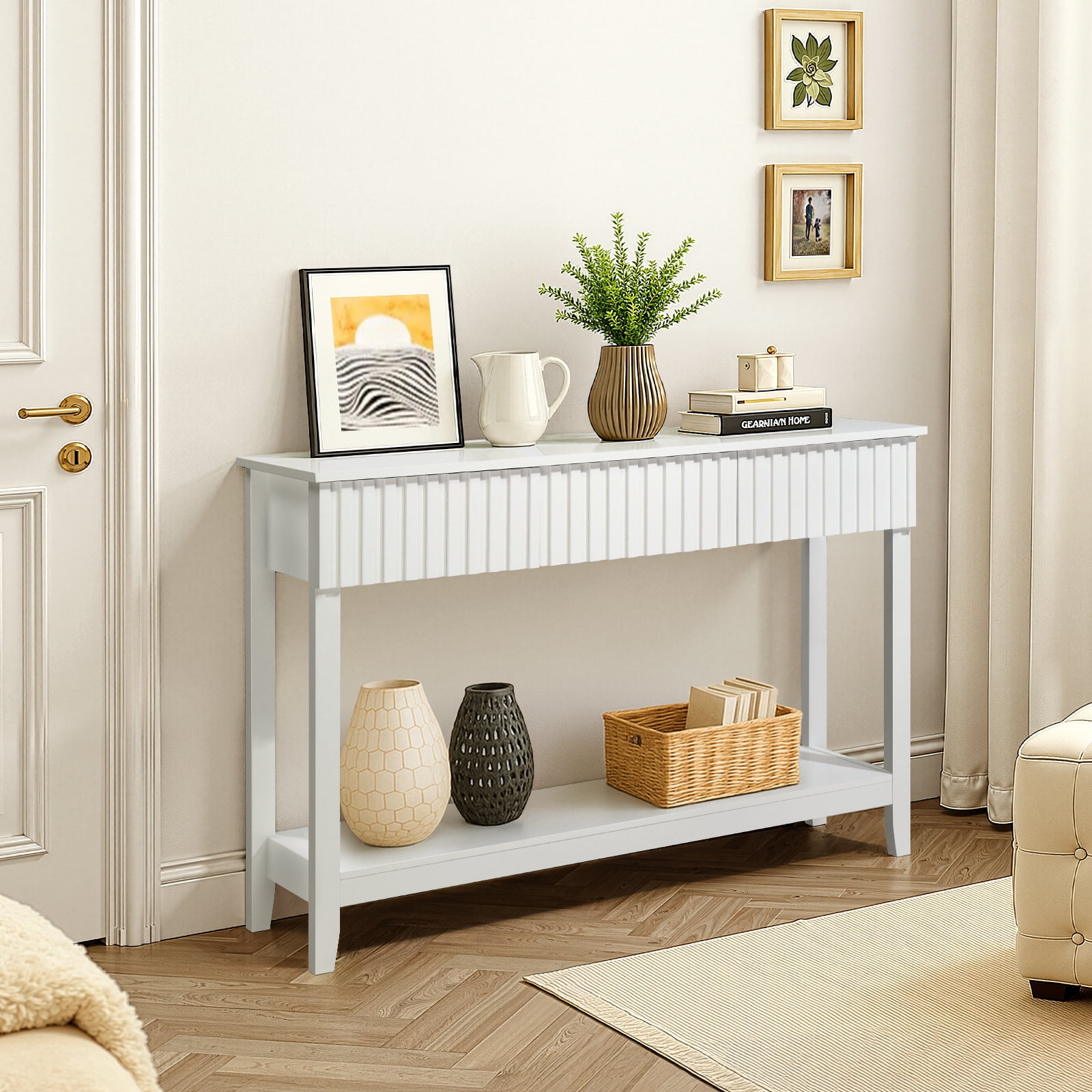 51in Modern Console Table with 3 Drawers Lower Shelf, Narrow Entryway Table Long Sofa Table Hallway Foyer Table Behind Couch Table White